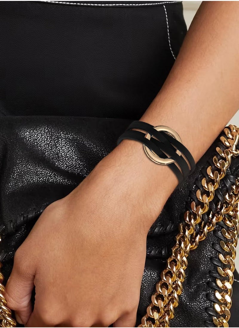 Captaintech Bracelets for Women, Circle Charm Bangle Bracelets, Boho Jewelry Multilayer Stackable Bracelets, Leather Wrap Bracelets Gifts for Trendy Stuff Valentine's Day Gifts (Black)  - Image 3