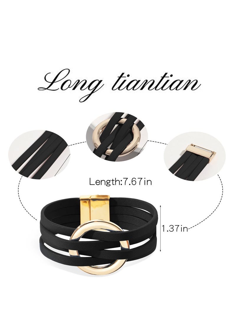 Captaintech Bracelets for Women, Circle Charm Bangle Bracelets, Boho Jewelry Multilayer Stackable Bracelets, Leather Wrap Bracelets Gifts for Trendy Stuff Valentine's Day Gifts (Black)  - Image 4
