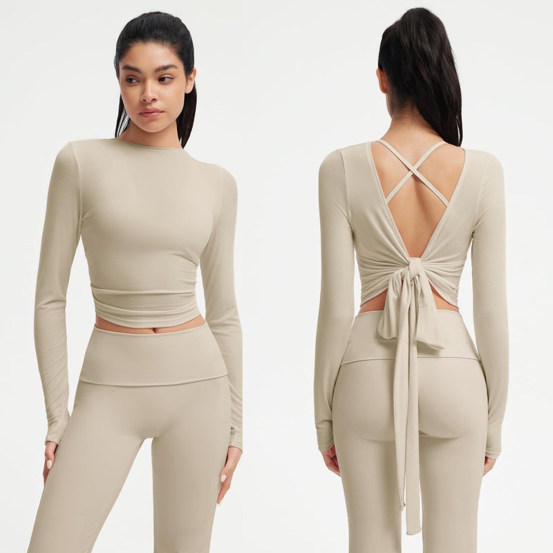 SUUKSESS Women Pilates Wrap Workout Cropped Top Ribbed Long Sleeve V Neck Tie Front Ballet Yoga Shrug Blouse(Khaki,XS) - Image 5