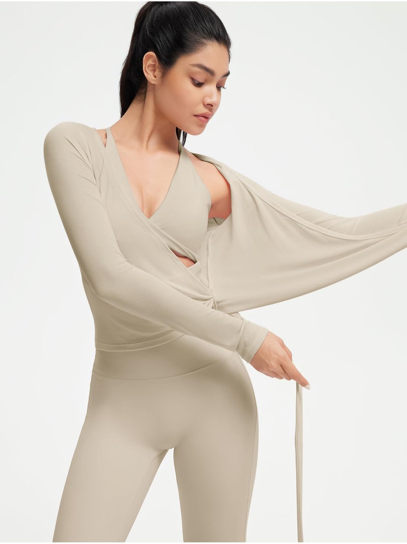 SUUKSESS Women Pilates Wrap Workout Cropped Top Ribbed Long Sleeve V Neck Tie Front Ballet Yoga Shrug Blouse(Khaki,XS) - Image 3