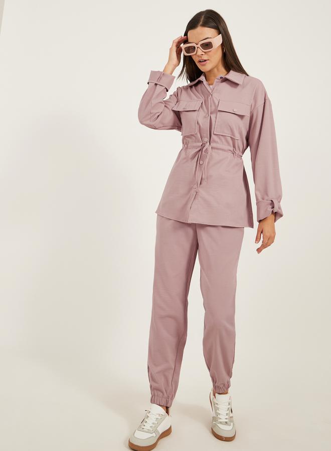 ستايلي طقم قميص وبنطلون جوجر بتفاصيل جيوب سادة - Image 1