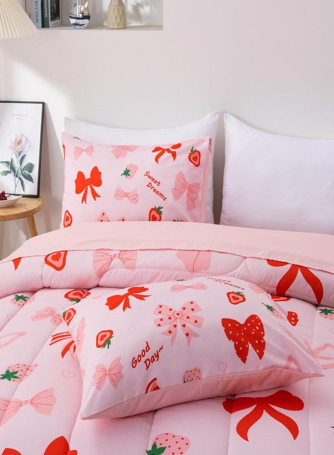 Btargot 5 Piece Blush Bowknot Comforter Set for Girls Kids, Full Size Cartoon Strawberries Bow Tie Bedding Set, Bed in a Bag with Comforter, Sheets and Pillowcases - Image 5