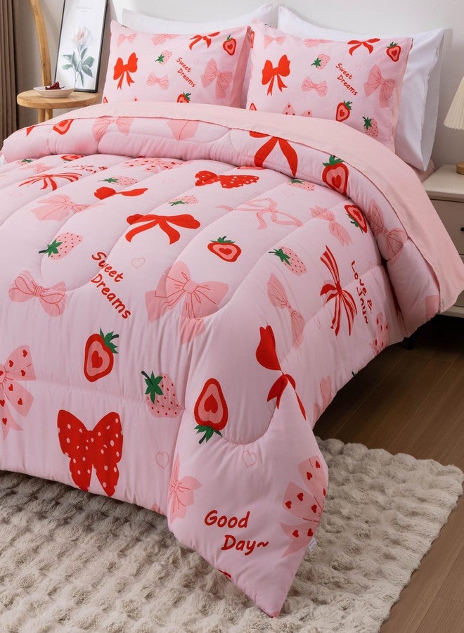 Btargot 5 Piece Blush Bowknot Comforter Set for Girls Kids, Full Size Cartoon Strawberries Bow Tie Bedding Set, Bed in a Bag with Comforter, Sheets and Pillowcases - Image 4