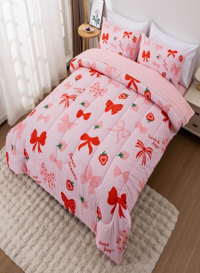 Btargot 5 Piece Blush Bowknot Comforter Set for Girls Kids, Full Size Cartoon Strawberries Bow Tie Bedding Set, Bed in a Bag with Comforter, Sheets and Pillowcases - Image 3