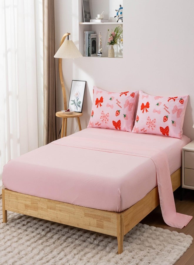 Btargot 5 Piece Blush Bowknot Comforter Set for Girls Kids, Full Size Cartoon Strawberries Bow Tie Bedding Set, Bed in a Bag with Comforter, Sheets and Pillowcases - Image 2