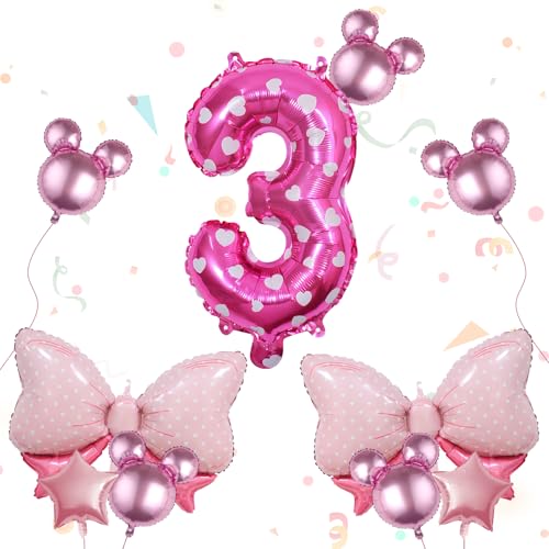 Kaemi 10Pcs Mini Mouse Balloons Pink Huge Bow Birthday Number Balloons Set Aluminum Foil Balloons for Baby Shower 3rd Birthday Party Decorations - Image 1
