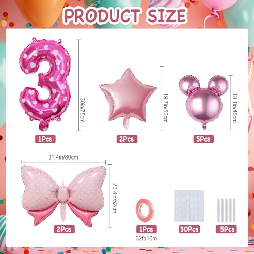 Kaemi 10Pcs Mini Mouse Balloons Pink Huge Bow Birthday Number Balloons Set Aluminum Foil Balloons for Baby Shower 3rd Birthday Party Decorations - Image 5