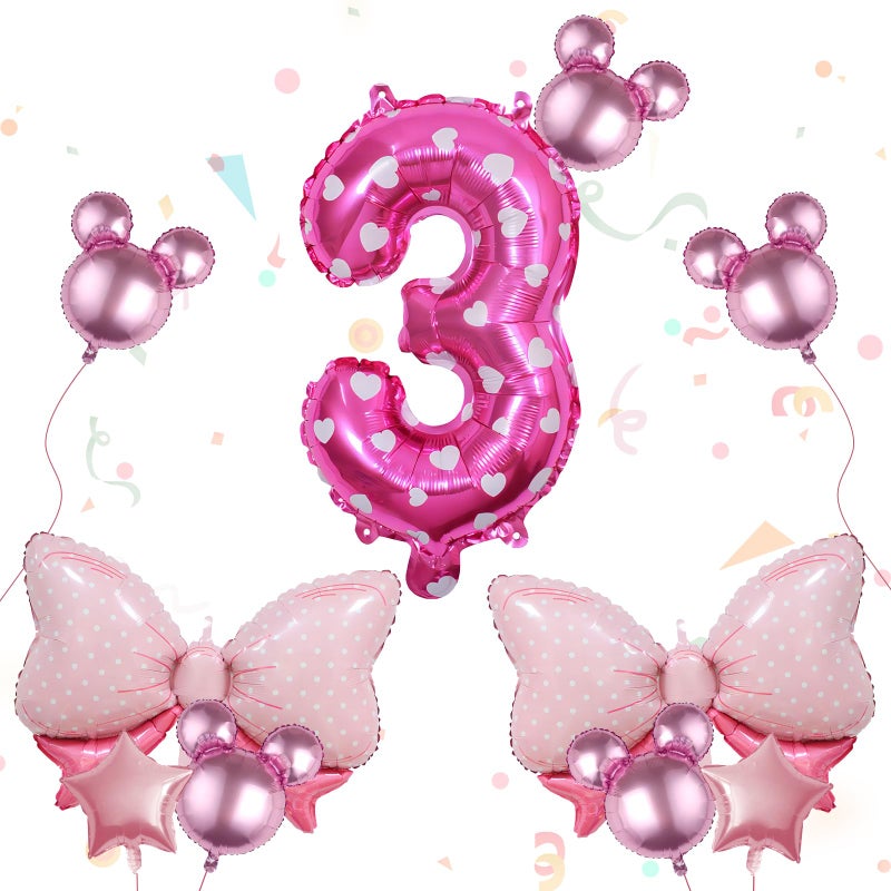 Kaemi 10Pcs Mini Mouse Balloons Pink Huge Bow Birthday Number Balloons Set Aluminum Foil Balloons for Baby Shower 3rd Birthday Party Decorations - Image 3