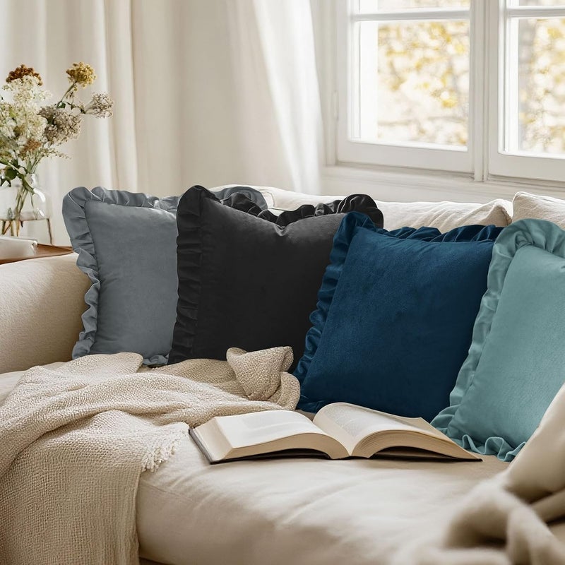 JIUZHEN Black Velvet Square Throw Pillow Covers 20x20 Inch with Ruffles, Pack of 2 Decorative Throw Pillow Covers for Couch Sofa Bedroom Livingroom - Image 5