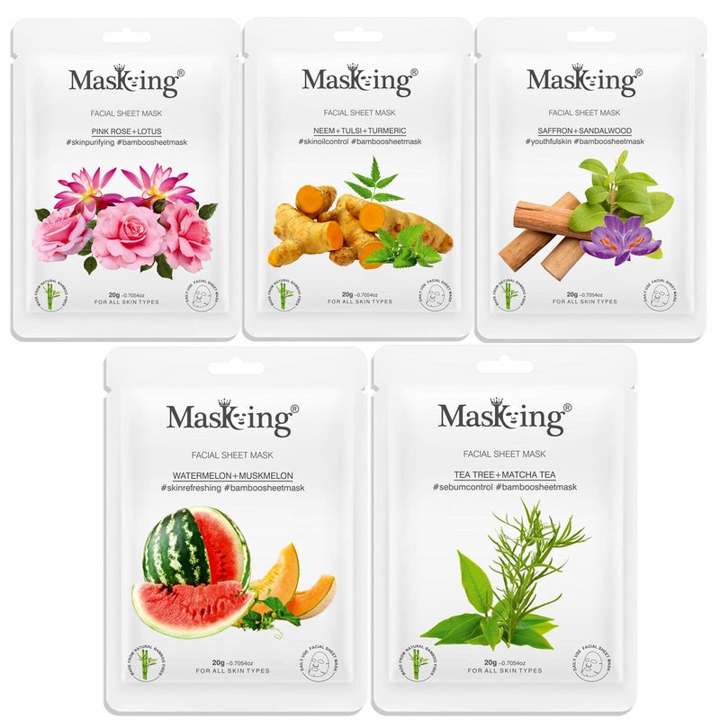 MasKing Bamboo Facial Sheet Mask of Pink Rose Neem Saffron Algae Watermelon Ideal for Women Men 100ml Combo Pack of 5 - Image 1