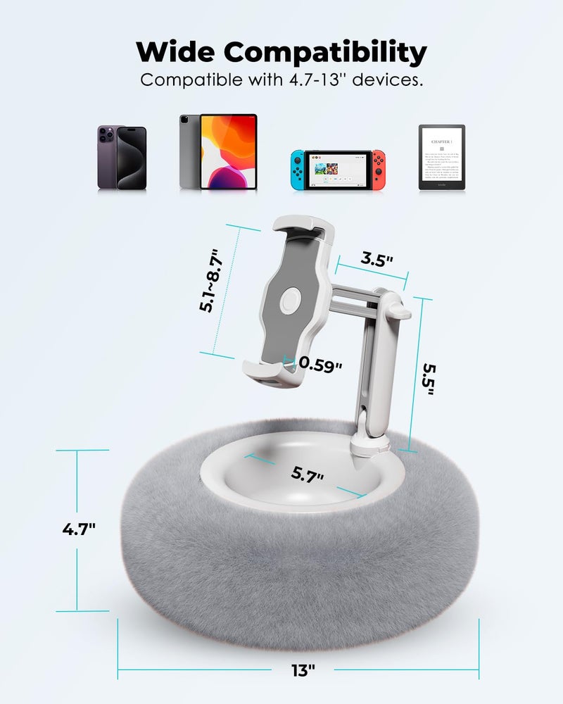 Viozon Tablet Stand Pillow, Compatible with 4.7"-13" Phone/Tablet, iPad, iPhone, Samsung, Google, Kindle, 360°Adjustable Phone Holder for Bed with Soft Plush Fabric, and Detachable Bowl, Grey - Image 3