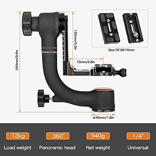 VIBLITZ® Professional Heavy Duty Metal 360 Degree Panoramic Gimbal Tripod Head with Arca-Swiss Standard 1/4'' Quick Release Plate and Bubble Level for Digital. Item Name - Image 2
