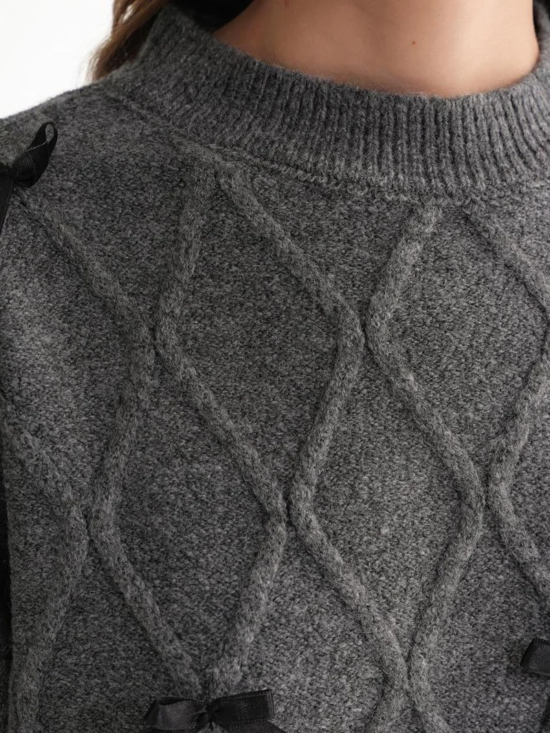 MixRay Bow Detail Cable Knit Oversized Sweater