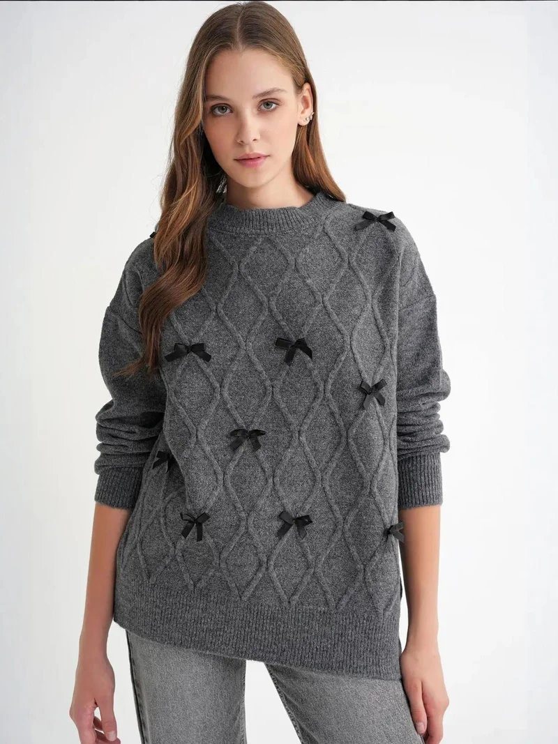 MixRay Bow Detail Cable Knit Oversized Sweater