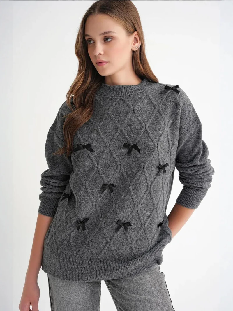 MixRay Bow Detail Cable Knit Oversized Sweater