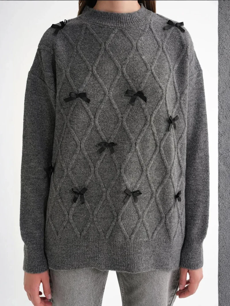 MixRay Bow Detail Cable Knit Oversized Sweater