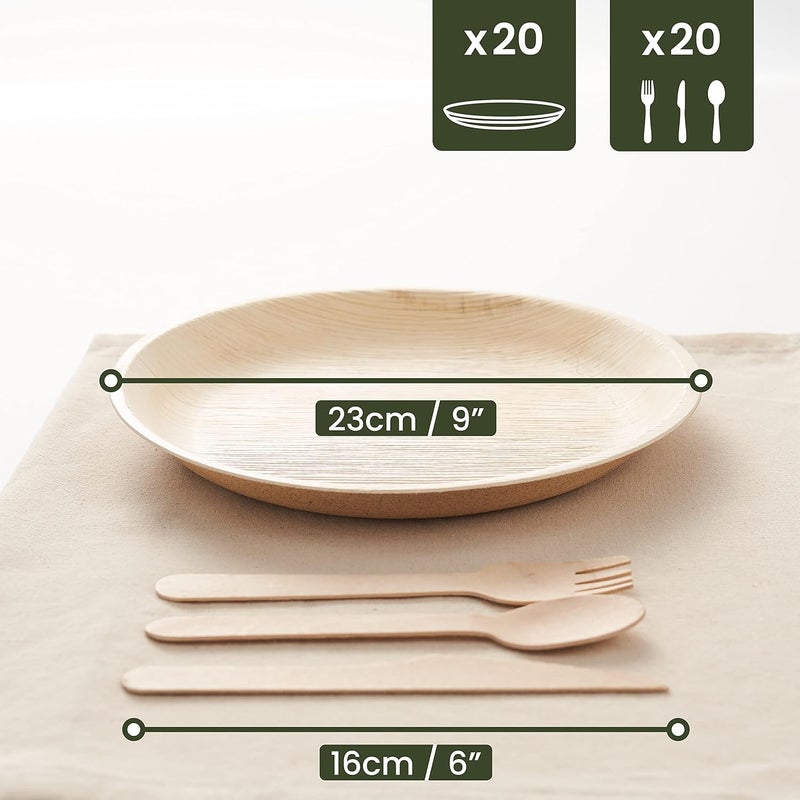 HAAGO 80 Pack Palm Leaf Plates and Bamboo Cutlery Set for 20 Guests  20 Square 9 Plates  60 Wooden Utensils  Better than Disposable or Plastic - Image 4