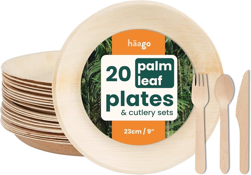 HAAGO 80 Pack Palm Leaf Plates and Bamboo Cutlery Set for 20 Guests  20 Square 9 Plates  60 Wooden Utensils  Better than Disposable or Plastic - Image 1