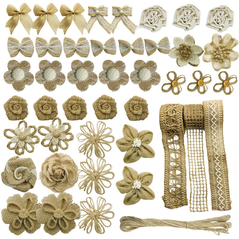 Allazone 46 PCS Natural Burlap Flowers Set 3 Rolls Lace Burlap Ribbon and 40 PCS Handmade Burlap Rose Flowers Twine Ribbon and Glue Point for DIY Craft Wedding Party Gift Decor