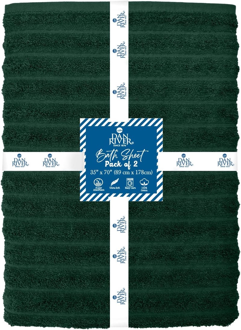DAN RIVER Pack of 2 Bath Sheet 35x70 Inches, Ribbed Oversized Bath Towels Extra Large, Organic Cotton Towels for Bathroom - Hunter Green - Image 2