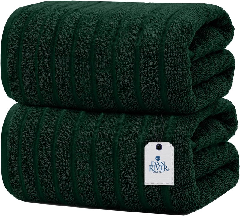 DAN RIVER Pack of 2 Bath Sheet 35x70 Inches, Ribbed Oversized Bath Towels Extra Large, Organic Cotton Towels for Bathroom - Hunter Green - Image 1