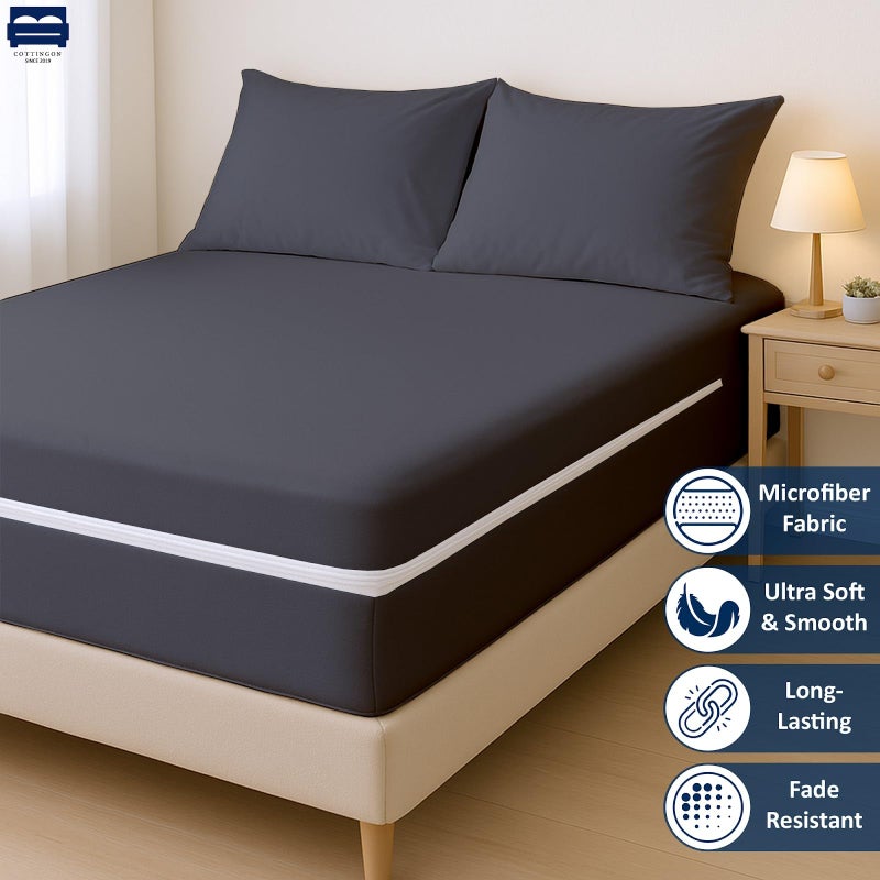 Cottingon Twin XL 1 PC Zipper Fitted Sheet, Brushed Premium Quality Microfiber, Soft Shrinkage and Fade Resistant Bottom Sheet fits Upto 16 Inch Deep Pocket, Zipper Mattress Cover, Dark Grey - Image 2