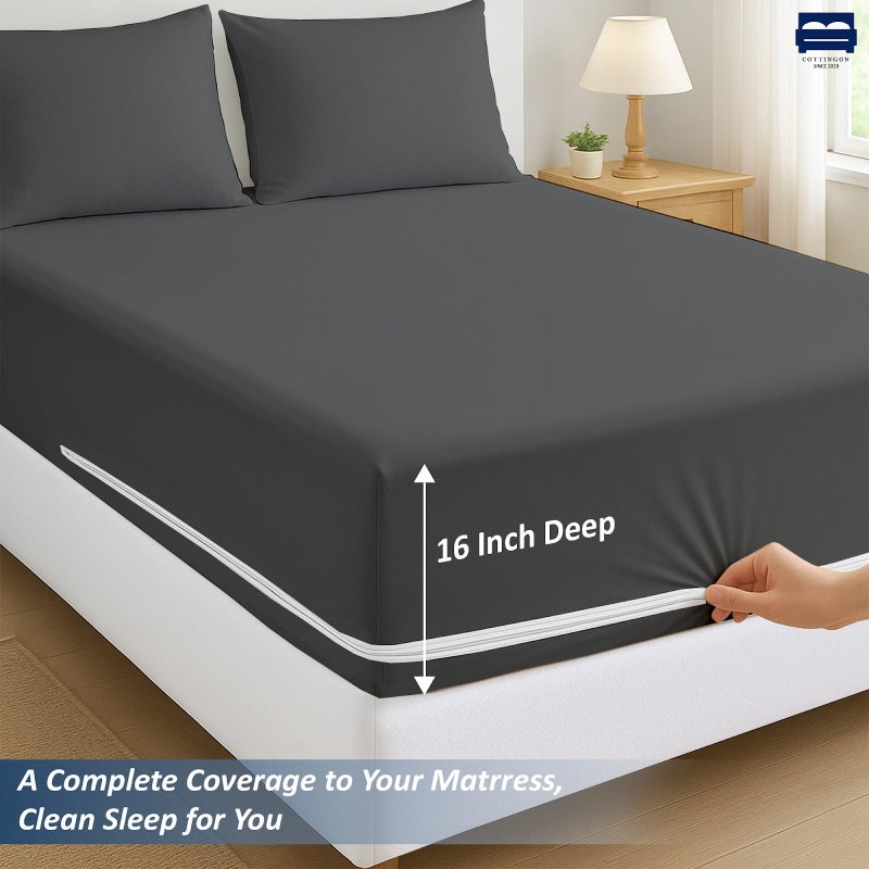 Cottingon Twin XL 1 PC Zipper Fitted Sheet, Brushed Premium Quality Microfiber, Soft Shrinkage and Fade Resistant Bottom Sheet fits Upto 16 Inch Deep Pocket, Zipper Mattress Cover, Dark Grey - Image 5
