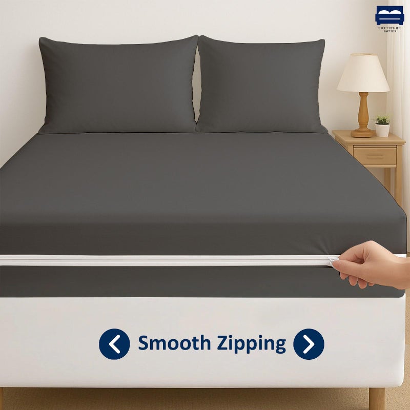 Cottingon Twin XL 1 PC Zipper Fitted Sheet, Brushed Premium Quality Microfiber, Soft Shrinkage and Fade Resistant Bottom Sheet fits Upto 16 Inch Deep Pocket, Zipper Mattress Cover, Dark Grey - Image 4