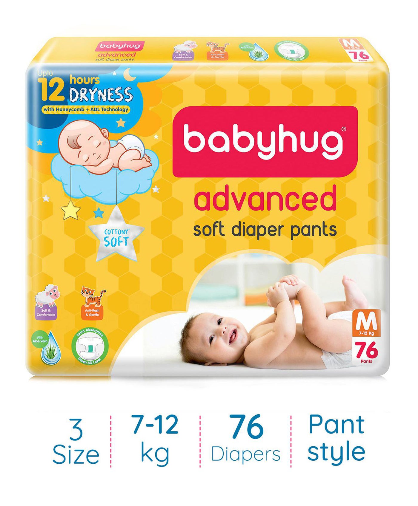 Babyhug Advanced Soft Pant Style Diapers with Aloe Vera, Medium, Size 3 - 76 Pieces