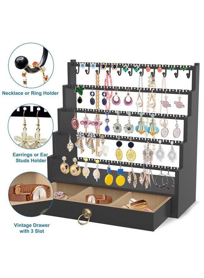 XiuWoo Jewelry Stand Organizer 5 Tier Earring Organizer Earring Holder Organizer Stand with Necklace Display Holder Stud Earring Pole Wood Base Jewelry Holder Organizer for Women Girls  - Image 4