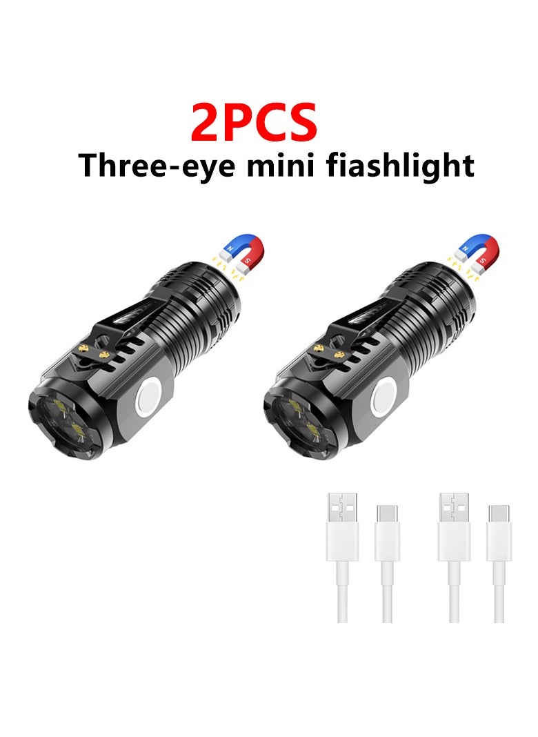 AROAQ Mini Flashlight, Multifunctional Three Eyed Bright Flashlight, Ipx4 Waterproof Portable Handheld Torch With Clip, Rechargeable Durable Pocket Flashlight For Camping Hunting, (2pcs, Black)  - Image 1