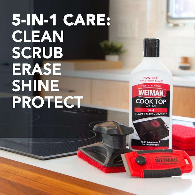 Glass & Ceramic Cooktop, Stove Top & Oven Cleaner Kit – Kitchen Cleaner Cream, 3 Scrubbing Pads & Scraper for Burnt-On Food & Grease, Clean Shine - Safe for Induction, Electric & Gas Cooktops - Image 2