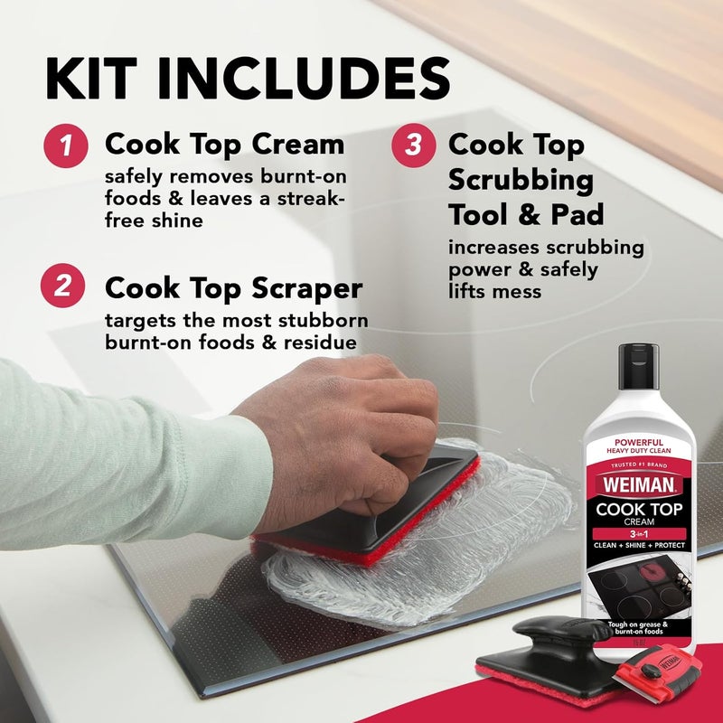 Glass & Ceramic Cooktop, Stove Top & Oven Cleaner Kit – Kitchen Cleaner Cream, 3 Scrubbing Pads & Scraper for Burnt-On Food & Grease, Clean Shine - Safe for Induction, Electric & Gas Cooktops - Image 3