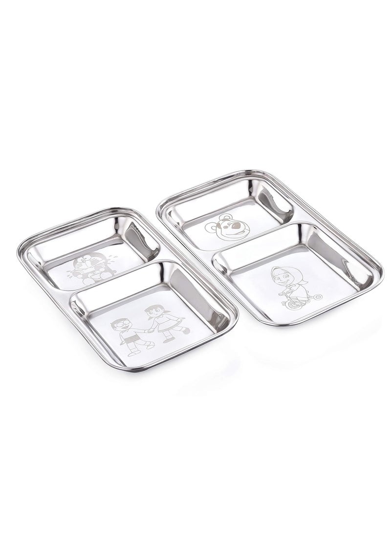 Expresso Expresso Stainless Steel | Cartoon Design | Rectangle Shape Dinner Plate with 2 Sections Divided Mess Trays for Kids Lunch, Camping & Every Day Use Kitchenware, Set of 2 Pcs  - Image 1