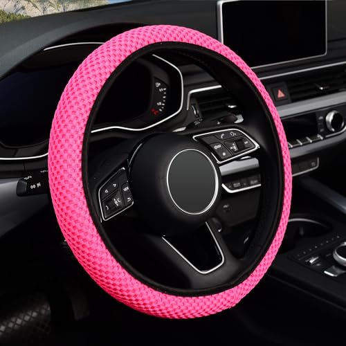 KAFEEK Elastic Stretch Steering Wheel Cover 15 Inch Breathable Ice Silk Microfiber NonSlip Grip Warm in Winter and Cool in Summer Odorless Car Accessories Fit Cars SUVs Rose Red - Image 1