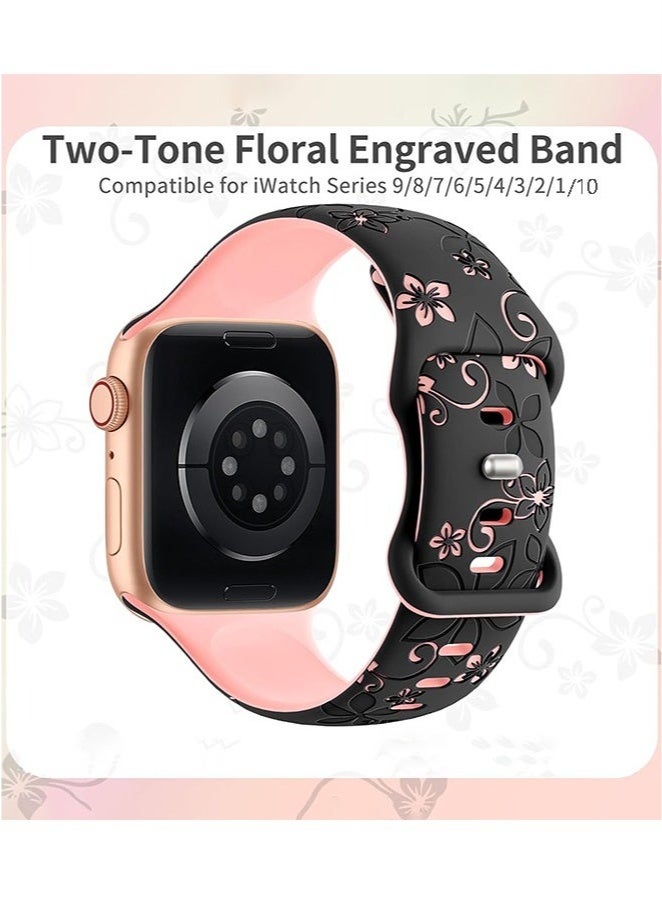 كينسو حزام ساعة Apple Watch، أشرطة منقوشة بالزهور متوافقة مع سوار ساعة Apple Watch 38 مم 40 مم 41 مم 42 مم للنساء، أشرطة iWatch زهور لطيفة، حزام رياضي ناعم من السيليكون لسلسلة iWatch SE 10 9 8 7 6 5 4 3 Ultra - Image 2