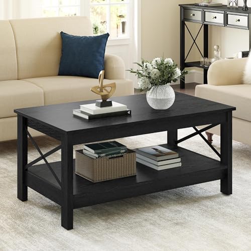 YITAHOME Coffee Table for Living Room Modern Farmhouse Coffee Table with Storage 2Tier Center Table for Living Room Wood Living Room Table Accent Cocktail with Sturdy Frame Black