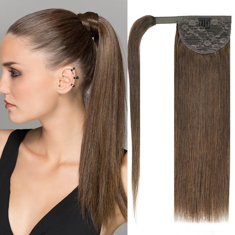 FAAAL 14 Human Hair Ponytail Extension 70g 4 Chocolate Brown 100 Remy Human Hair Wrap Around Long Ponytail Clip in Hair Extensions Straight One Piece Hairpiece for Women 14 Chocolate Brown