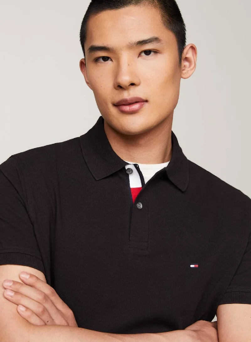 TOMMY HILFIGER Men's Tipped Placket Flag Embroidery Polo -  Pure cotton, Black
