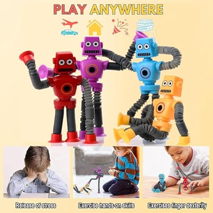 ChaneeHann 4 PCS Telescoping Robot Toy with Suction Cup, Pop Tube Sensory Toys for Kids, Educational Toys Suitable for Children and Adults with Autism to Relieve Stress Anxiety - Image 4