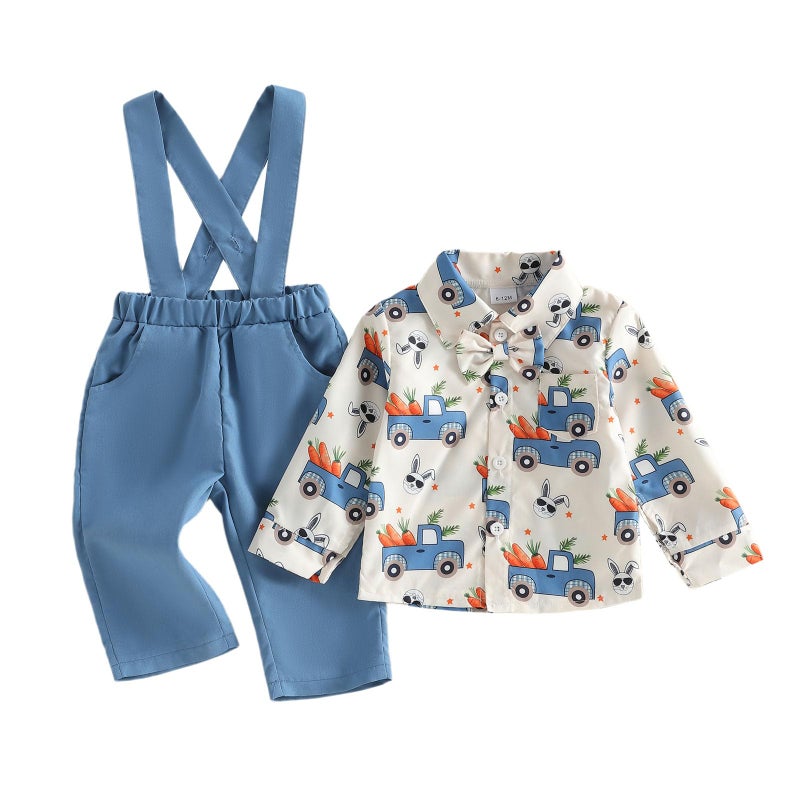 Rourufy Toddler Boy Easter Outfit Truck Bunny Carrot Gentleman Shirt Overalls Pants Set Baby Boys Spring Summer Clothes (C Truck Bunny Carrot Blue, 4-5T) - Image 1