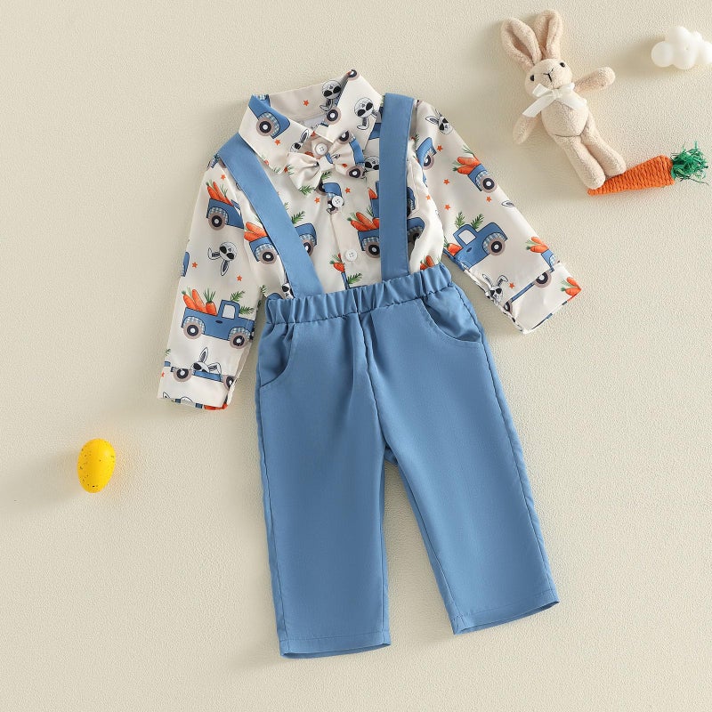 Rourufy Toddler Boy Easter Outfit Truck Bunny Carrot Gentleman Shirt Overalls Pants Set Baby Boys Spring Summer Clothes (C Truck Bunny Carrot Blue, 4-5T) - Image 5
