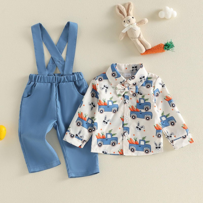 Rourufy Toddler Boy Easter Outfit Truck Bunny Carrot Gentleman Shirt Overalls Pants Set Baby Boys Spring Summer Clothes (C Truck Bunny Carrot Blue, 4-5T) - Image 4