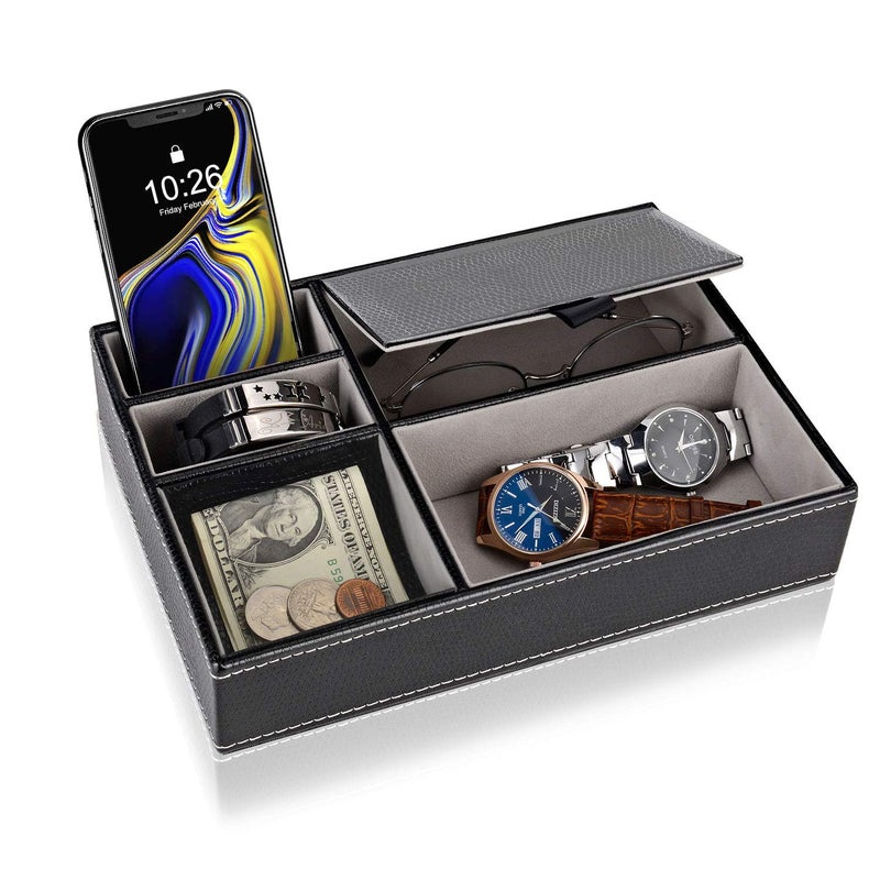 BY for Kitchen & Home Baoyun Mens Valet Tray Faux Leather Valet Box EDC Catch All Tray Dresser Top Nightstand Organizer with 5 Compartments for Smartphone Keys Wallet Watch 