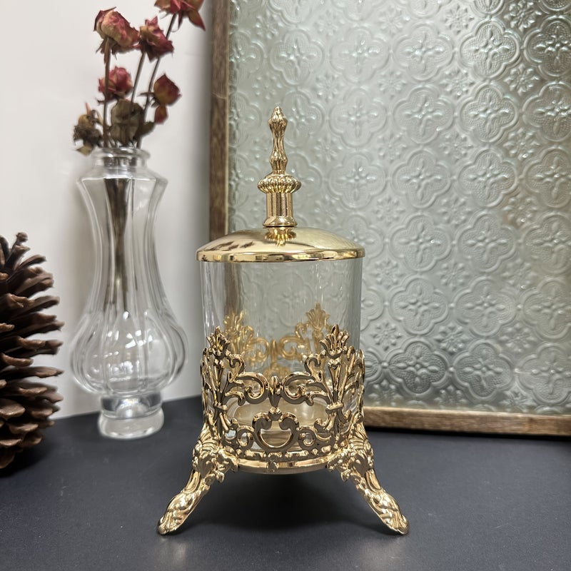 شمعدان زجاجي ذهبي من الحديد المطاوع العتيق مع غطاء - Image 4