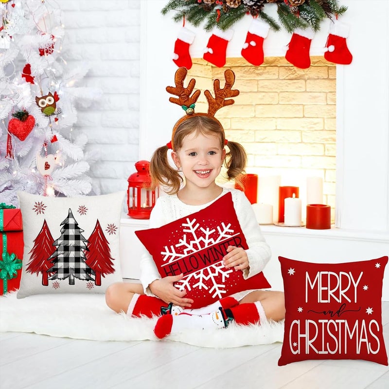 HASTHIP ® 4 قطع أغطية وسائد عيد الميلاد 16 بوصة × 16 بوصة عناصر زينة عيد الميلاد شجرة عيد الميلاد طباعة رقاقات الثلج غطاء وسادة شتوي مربع غطاء وسادة عيد الميلاد للكنبة - Image 5