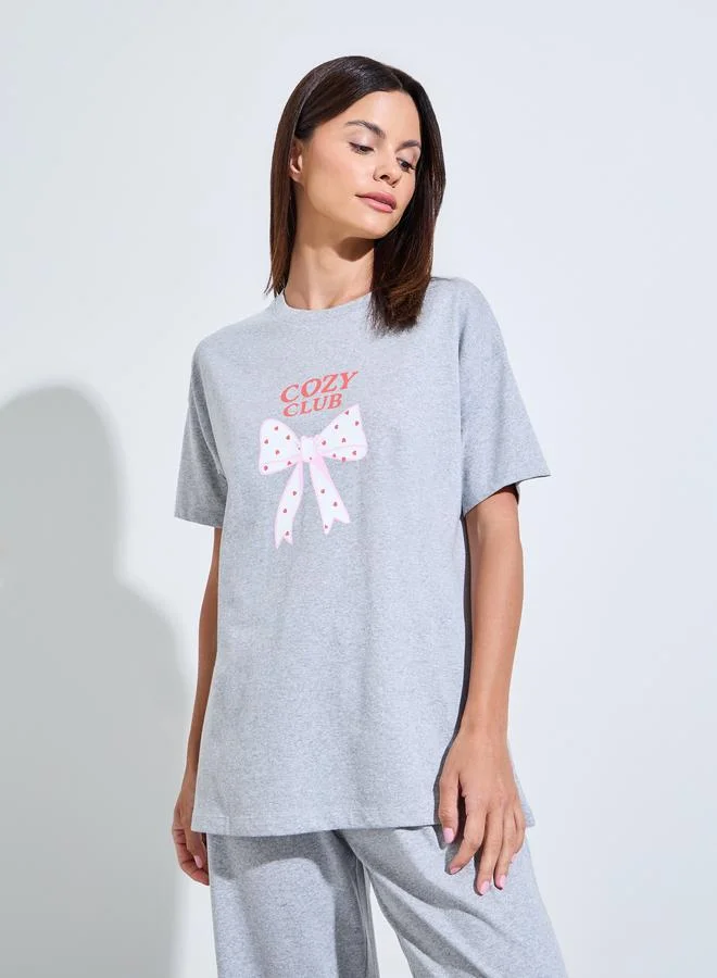 Styli Grey Bow Print Drop Shoulder T-Shirt and Pyjama Set