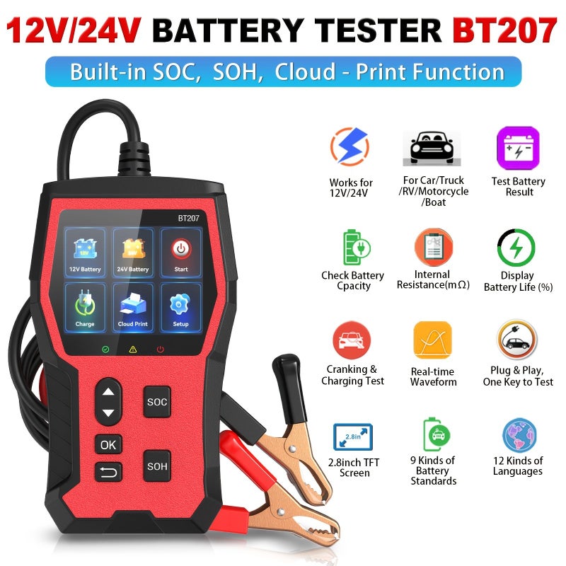 اختبار بطارية 12V 24V BT207 مع وظيفة SOC SOH المدمجة والطباعة السحابية وشاشة TFT بحجم 2.8 بوصة للسيارات والشاحنات والمركبات الترفيهية والدراجات النارية والقوارب - Image 1