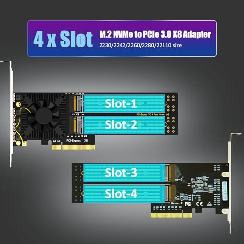 GLOTRENDS PA40 Quad M.2 NVMe to PCIe 3.0 X8 Adapter with PCIe Bifurcation, Setup Soft M.2 NVMe RAID via OS Tool (Support 22110/2280 Size) - Image 4