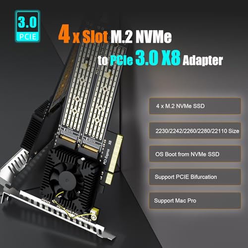 GLOTRENDS PA40 Quad M.2 NVMe to PCIe 3.0 X8 Adapter with PCIe Bifurcation, Setup Soft M.2 NVMe RAID via OS Tool (Support 22110/2280 Size) - Image 2